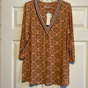 Apricot and tan long print top with beading